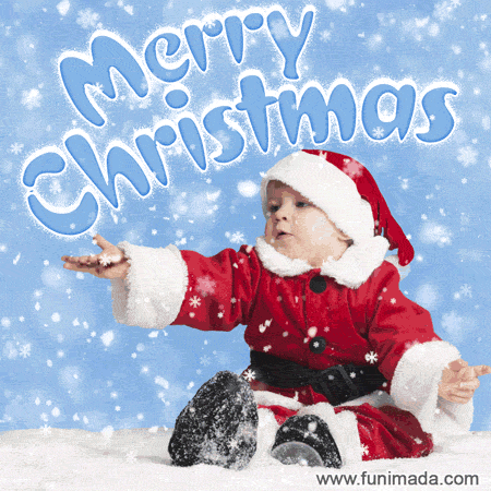 Cute Merry Christmas GIF. Little Santa  and animated falling snow.