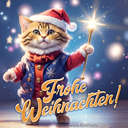 Putzig katze mit Zauberstab und Weihnachtsmann-Hut verbreitet festliche Stimmung. Glänzend, festlich, zauberhaft!