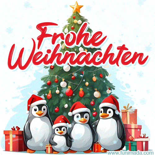 Entzückende Pinguin-Familie, Weihnachtsbaum und schöne Schrift in einem festlichen GIF