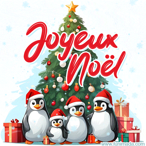Famille de pingouins mignons, sapin de Noël et belle lettre dans un GIF festif