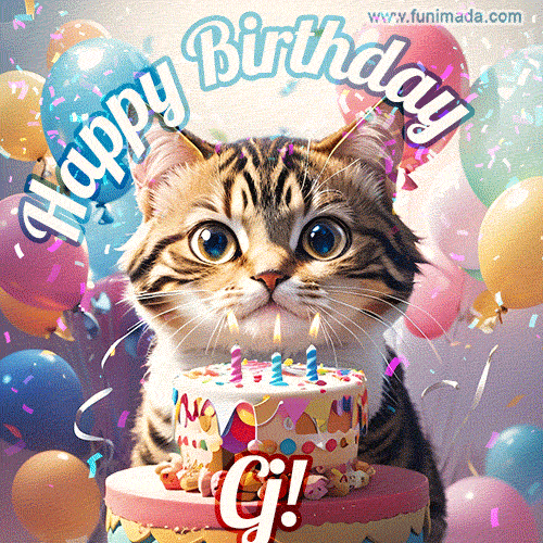 Happy birthday gif for Cj with cat and cake
