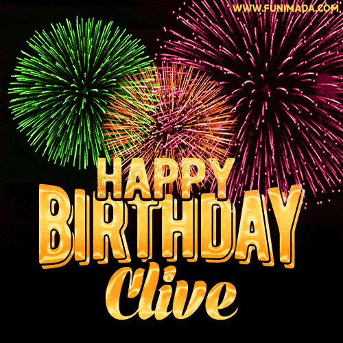 Wishing You A Happy Birthday, Clive! Best fireworks GIF animated greeting card.
