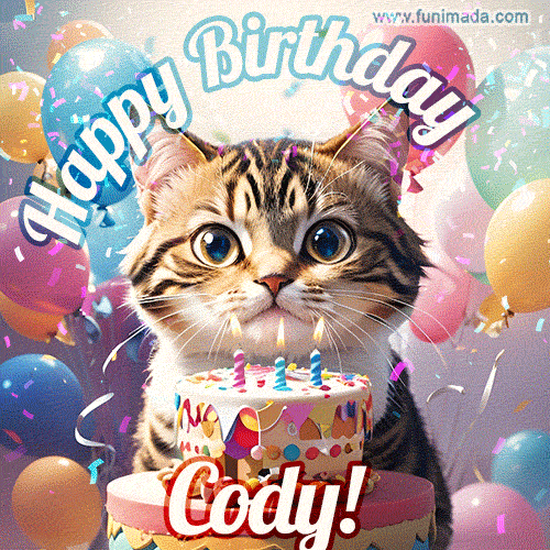 Happy birthday gif for Cody with cat and cake