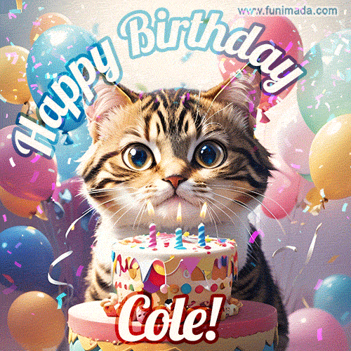 Happy birthday gif for Cole with cat and cake
