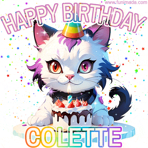 Cute cosmic cat with a birthday cake for Colette surrounded by a shimmering array of rainbow stars
