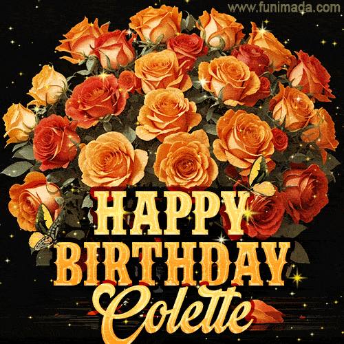 Beautiful bouquet of orange and red roses for Colette, golden inscription and twinkling stars