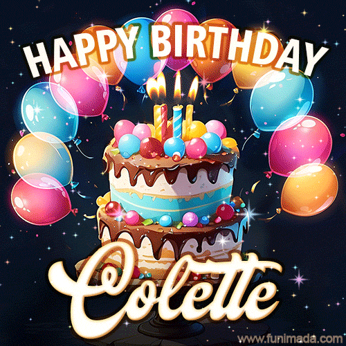 Hand-drawn happy birthday cake adorned with an arch of colorful balloons - name GIF for Colette