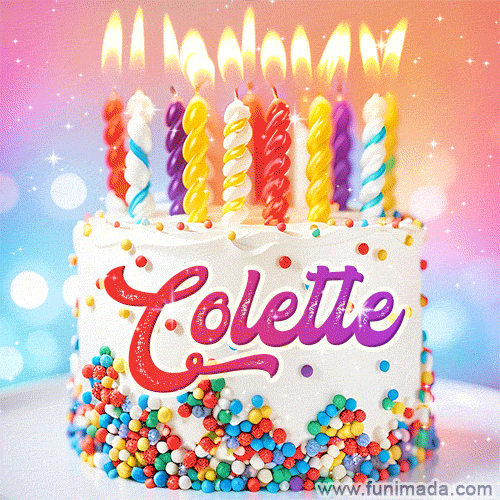 Personalized for Colette elegant birthday cake adorned with rainbow sprinkles, colorful candles and glitter