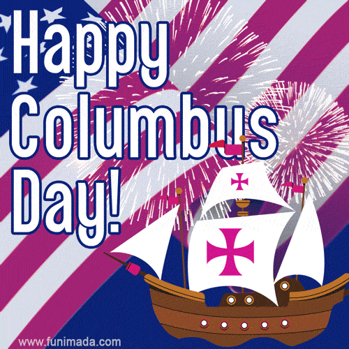 Columbus Day, USA Flag and animated fireworks gif.