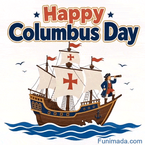 Cartoon sailing ship with white sails bearing red crosses red flags and blue hull floats on blue waves while a bearded explorer in blue coat and hat peers through a telescope from the deck amid flying birds.