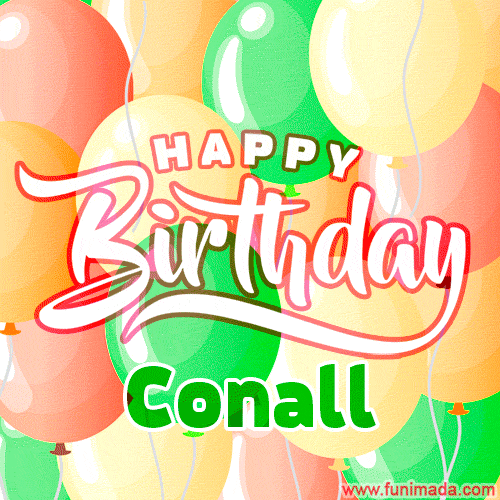 Happy Birthday Image for Conall. Colorful Birthday Balloons GIF Animation.