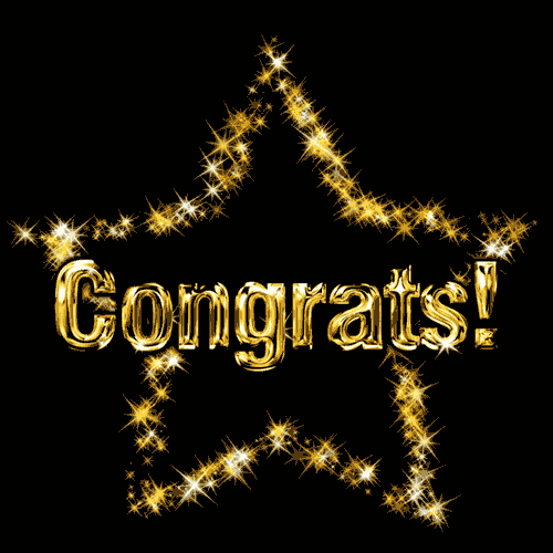Congrats! Golden text, Glitter and Stardust animated gif on black background.