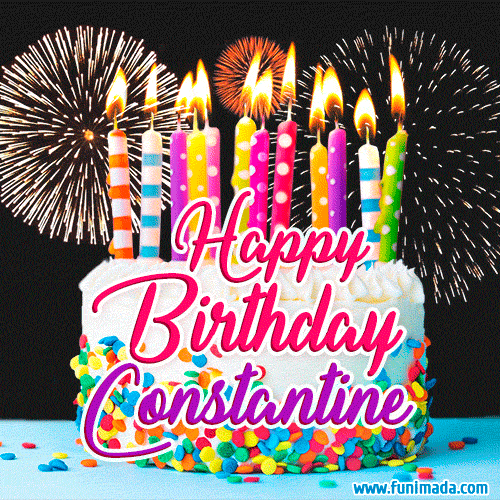 Amazing Animated GIF Image for Constantine with Birthday Cake and Fireworks