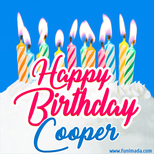 Happy Birthday GIF for Cooper with Birthday Cake and Lit Candles