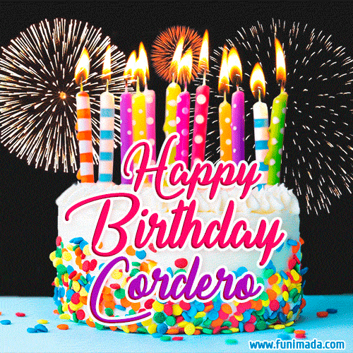 Amazing Animated GIF Image for Cordero with Birthday Cake and Fireworks
