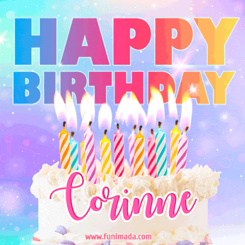 Animated Happy Birthday Cake with Name Corinne and Burning Candles