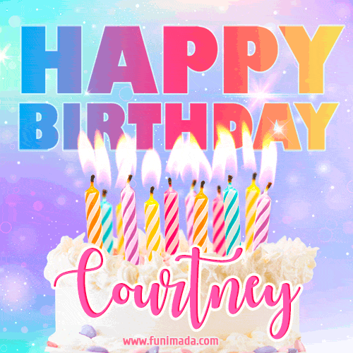 Animated Happy Birthday Cake with Name Courtney and Burning Candles
