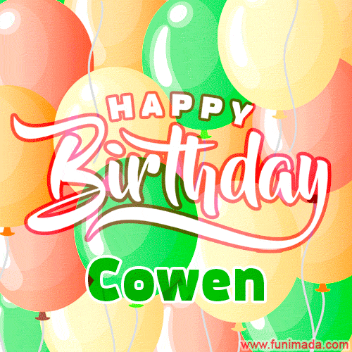 Happy Birthday Image for Cowen. Colorful Birthday Balloons GIF Animation.