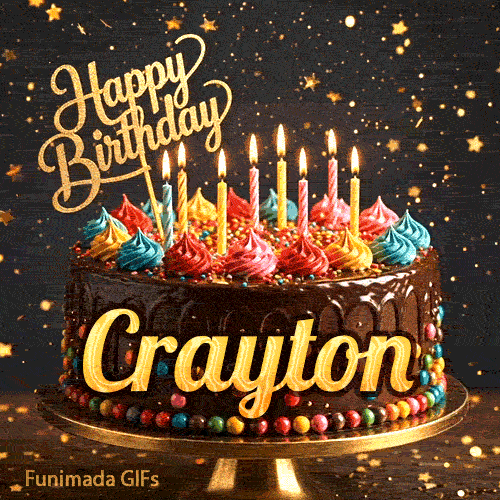 Close-up of a chocolate birthday cake with multicolored frosting swirls and colorful candy beads around the gold base. Greeting text with name Crayton