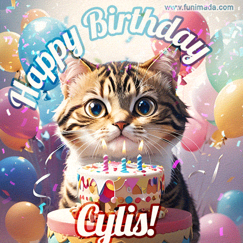 Happy birthday gif for Cylis with cat and cake