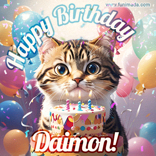 Happy birthday gif for Daimon with cat and cake