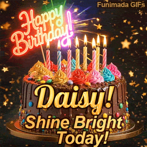 Festive chocolate cake GIF with the name Daisy! written on the dark glaze under flickering candles.