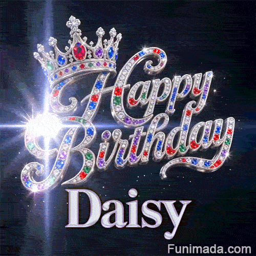 A personalized greeting card for Daisy featuring a silver queen crown decorated with multicolored crystals.