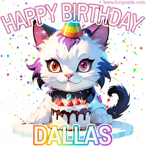 Cute cosmic cat with a birthday cake for Dallas surrounded by a shimmering array of rainbow stars