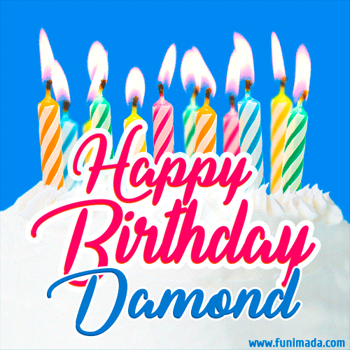 A cheerful animated GIF featuring colorful lit birthday candles on a white cake, with the text 'Happy Birthday Damond' in bold red and blue script on a bright blue background.