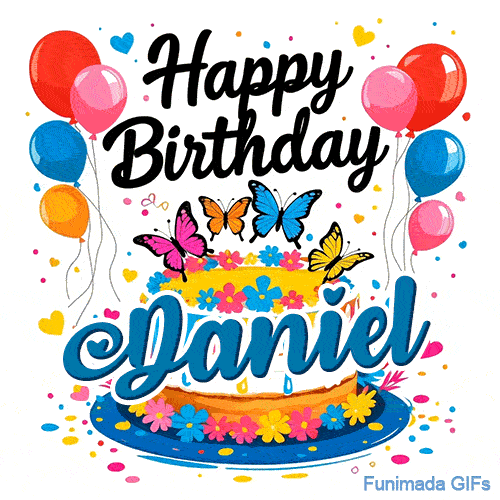 White drip cake decorated with pink, yellow, and blue flowers at the base, custom-designed for Daniel's birthday.