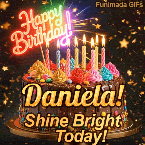 A rich chocolate frosted cake on a gold stand with glowing yellow candles, personalized with the name Daniela!