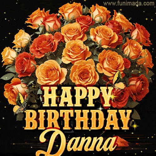 Beautiful bouquet of orange and red roses for Danna, golden inscription and twinkling stars