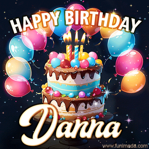 Hand-drawn happy birthday cake adorned with an arch of colorful balloons - name GIF for Danna