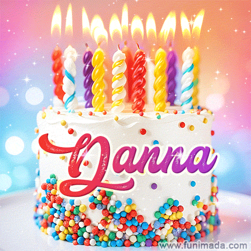 Personalized for Danna elegant birthday cake adorned with rainbow sprinkles, colorful candles and glitter
