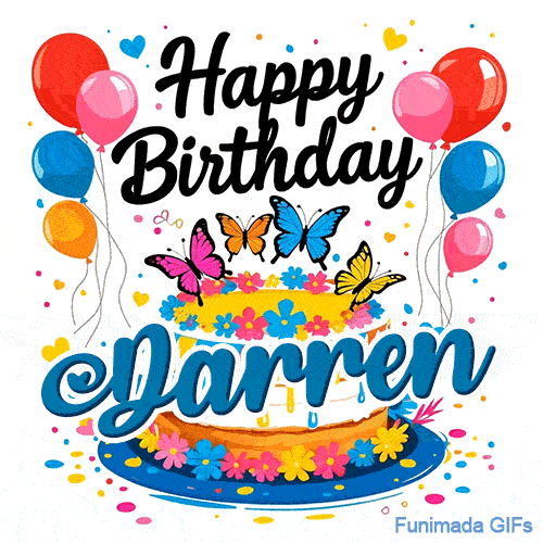 Animated floral drip cake with balloon bouquets and scattered confetti, personalized with the name Darren.