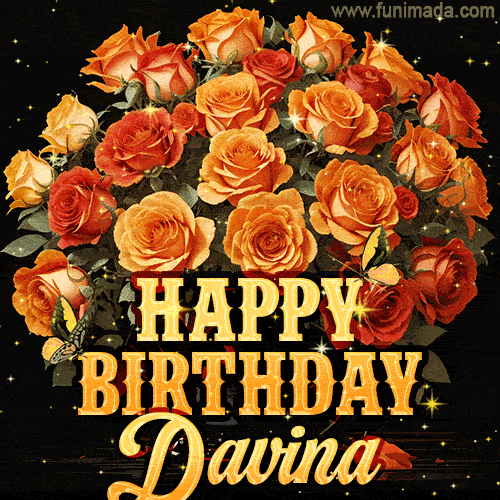 Beautiful bouquet of orange and red roses for Davina, golden inscription and twinkling stars