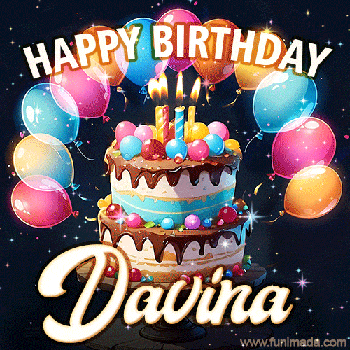 Hand-drawn happy birthday cake adorned with an arch of colorful balloons - name GIF for Davina