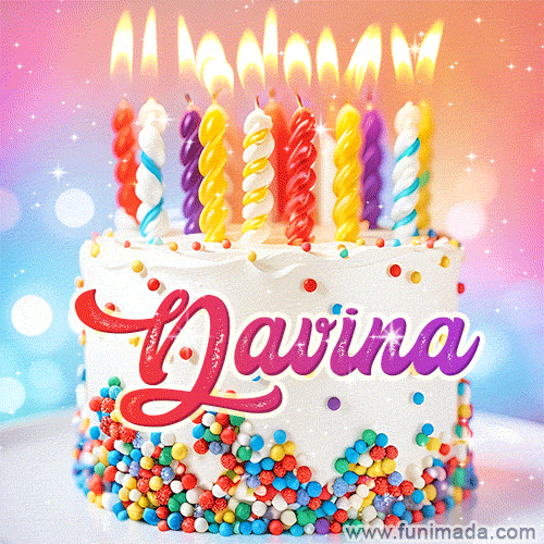Personalized for Davina elegant birthday cake adorned with rainbow sprinkles, colorful candles and glitter
