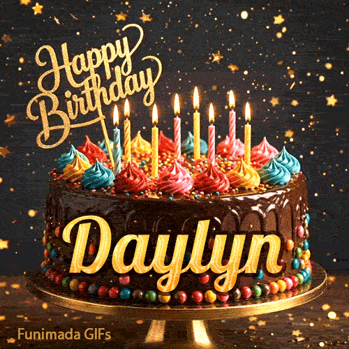 Custom birthday ecard for Daylyn showing a gourmet chocolate cake on a dark background with golden star sparkles.