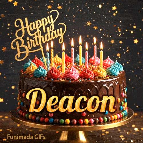 Bright candles flickering on a festive chocolate cake with the name Deacon displayed in golden letters.