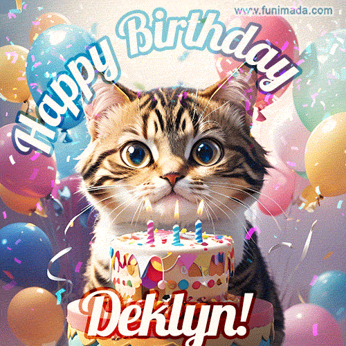 Happy birthday gif for Deklyn with cat and cake