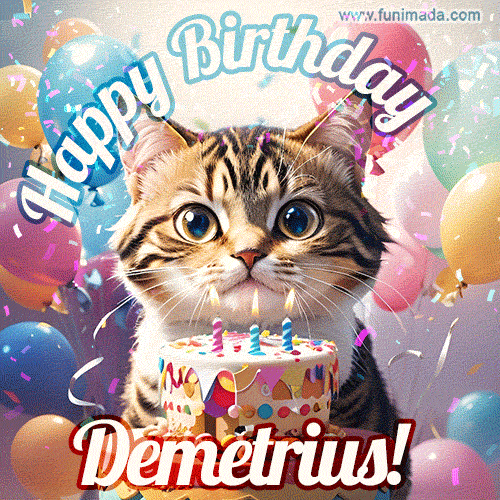 Happy birthday gif for Demetrius with cat and cake