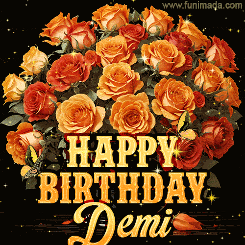 Beautiful bouquet of orange and red roses for Demi, golden inscription and twinkling stars