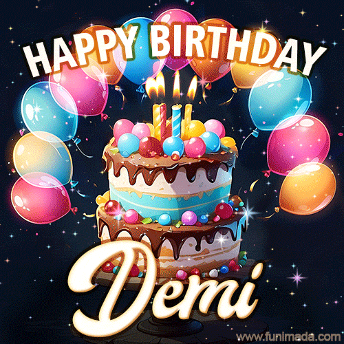 Hand-drawn happy birthday cake adorned with an arch of colorful balloons - name GIF for Demi