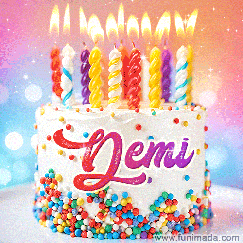 Personalized for Demi elegant birthday cake adorned with rainbow sprinkles, colorful candles and glitter