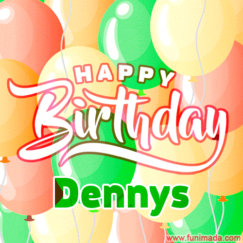 Happy Birthday Image for Dennys. Colorful Birthday Balloons GIF Animation.