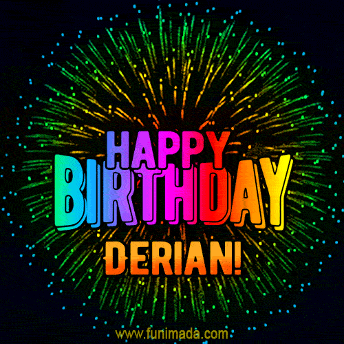 A colorful animated GIF featuring the text 'Happy Birthday Derian!' in rainbow colors with a dynamic iridescent firework display in the background.