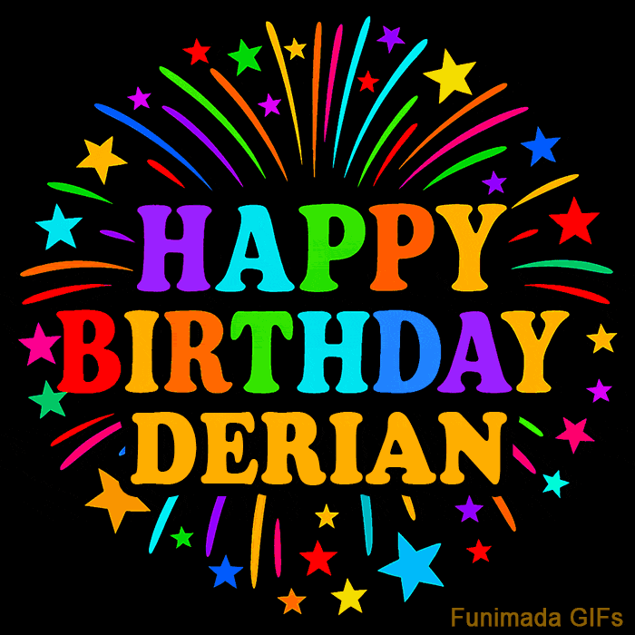 Vibrant animated GIF with 'Happy Birthday Derian' in rainbow-colored text, surrounded by colorful stars and fireworks on a black background.