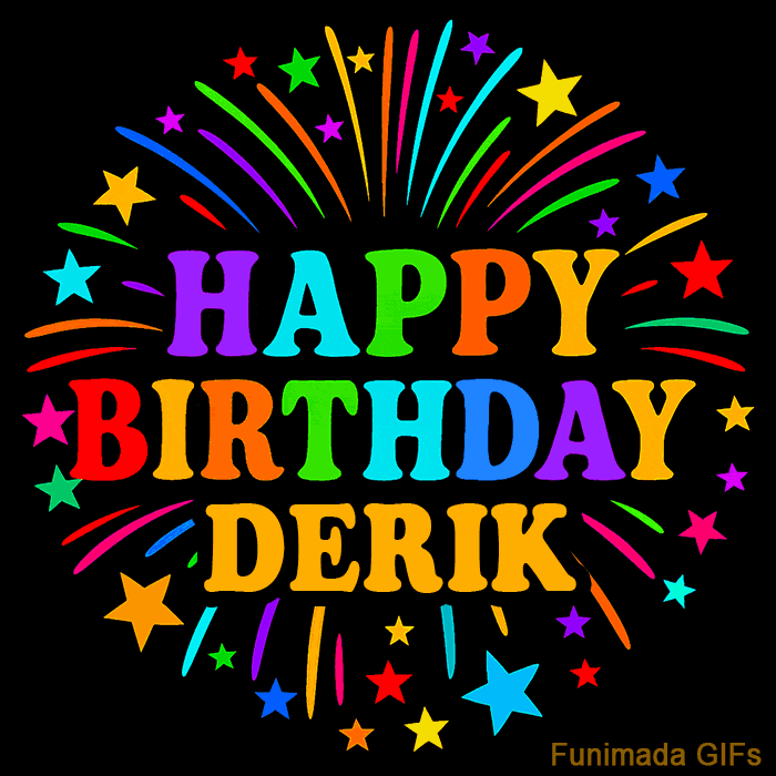 Vibrant animated GIF with 'Happy Birthday Derik' in rainbow-colored text, surrounded by colorful stars and fireworks on a black background.