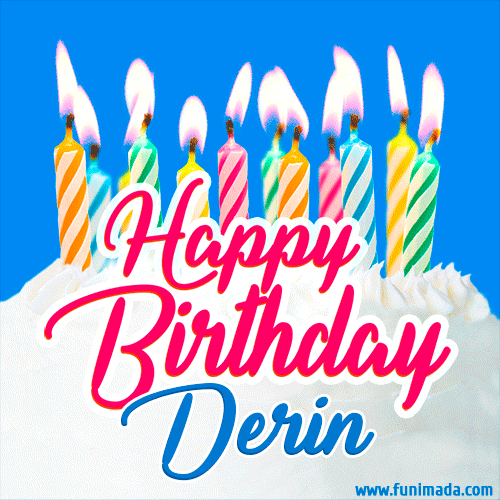 A cheerful animated GIF featuring colorful lit birthday candles on a white cake, with the text 'Happy Birthday Derin' in bold red and blue script on a bright blue background.